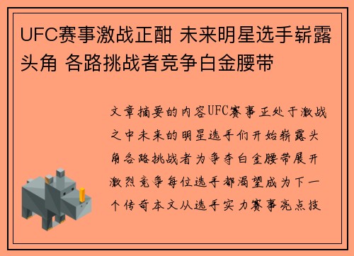 UFC赛事激战正酣 未来明星选手崭露头角 各路挑战者竞争白金腰带