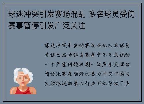 球迷冲突引发赛场混乱 多名球员受伤赛事暂停引发广泛关注