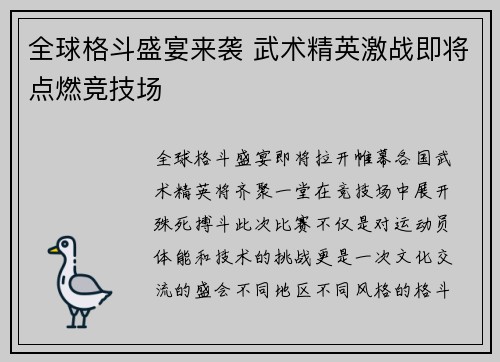 全球格斗盛宴来袭 武术精英激战即将点燃竞技场